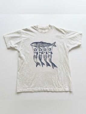 Mermaids Holding Fish Linocut White Cottagecore Graphic T-Shirt